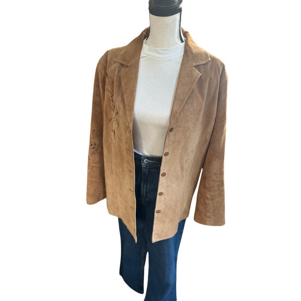 Vintage Suede Jacket Tan Brown Floral Cutout Western Boho Blazer Women’s L - Picture 2 of 10
